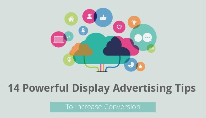 Texto: '14 Dicas Poderosas de Publicidade em Display' com vários ícones de comunicação ao fundo - 14 melhores práticas de design para anúncios em display para aumentar conversões - Imagem
